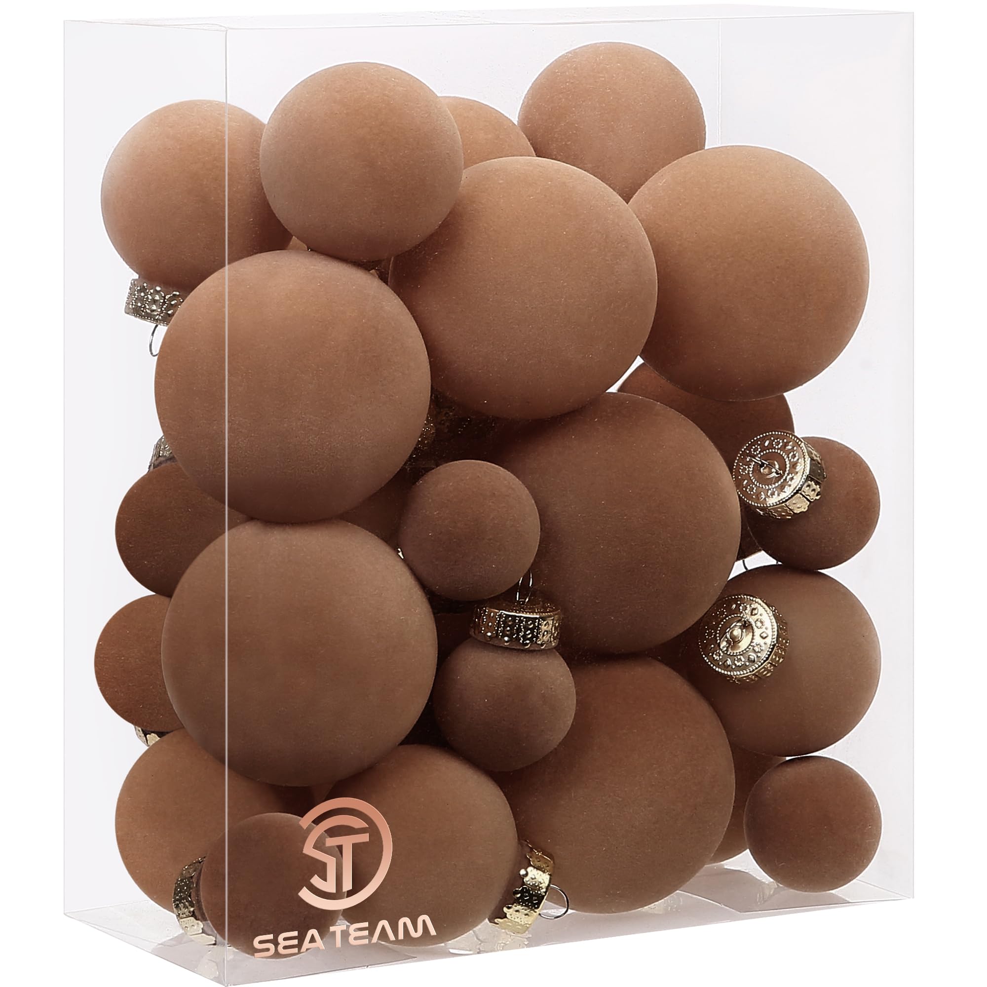 Sea Team 32 Boules Noël Velours incassables multitaille Marron | Boules en velours floqué incassable, parfaites pour sapin, couronne, guirlande. Idéales pour Noël, mariage, fête.