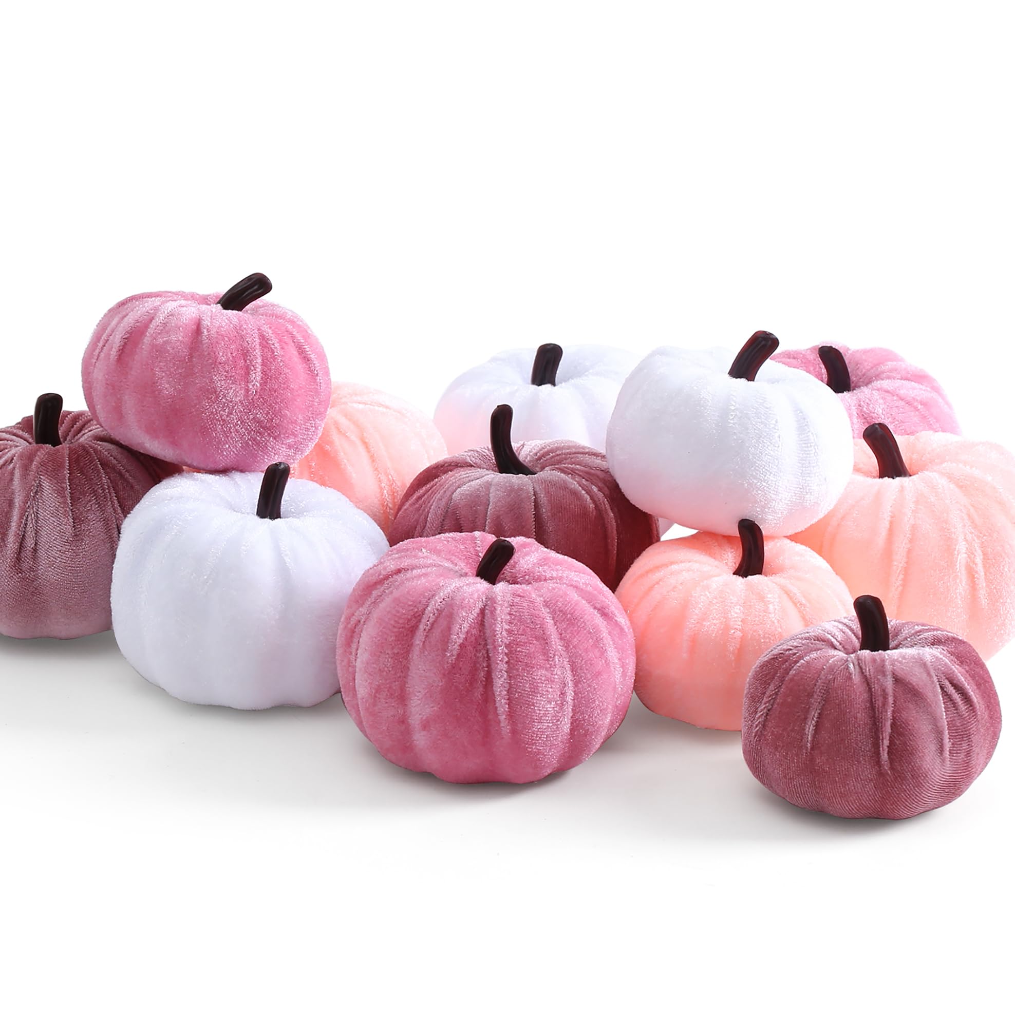XIANNVXI Lot de 12 petites citrouilles artificielles en velours pour décoration d'Autmn - 3 couleurs - Rose et blanc - Pour décoration d'Halloween, automne, Thanksgiving