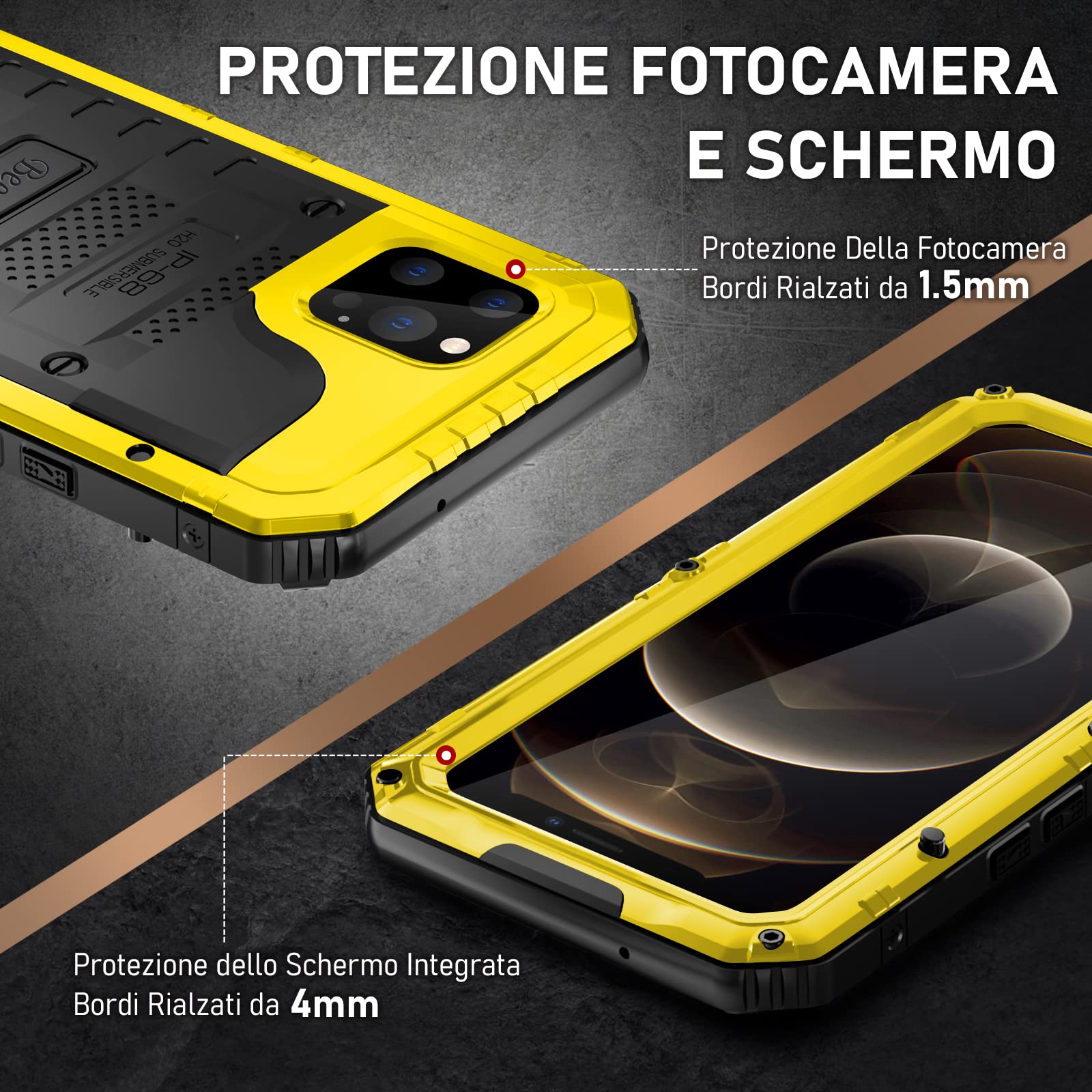 Beeasy Cover per iPhone 12 Pro IP68 Impermeabile Custodia Militare Antiurto Resistente 360° Metallo Armor Protezione Schermo Integrata Rugged Robusta Indistruttibile Subacquea Antipolvere Giallo