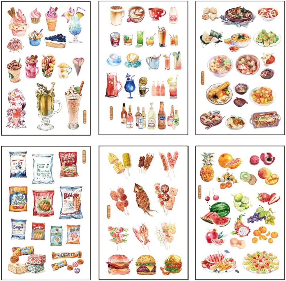 12 Sheets Food Drink Dessert Fruits Snacks Ice Cream Washi Sticker Set DIY Craft Label for Scrapbooking Journaling Collage Card Making Cooking Art Project Scrapbook Planner Journal Decals