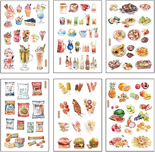Juego de 12 hojas de calcomanías Washi de helado para bebidas, postres, frutas, aperitivos, manualidades, para álbumes de recortes, diario, collage