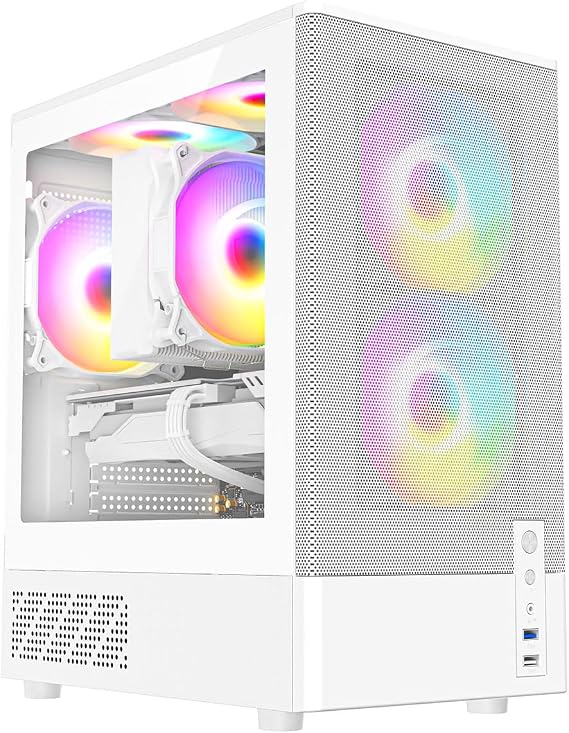 CiT F3 Gaming PC Case – Micro-ATX Computer Case with Mesh Front & Tempered Glass Side Panels - 3 x 120mm ARGB Fans Included - AIO Support - USB 3.0, USB 2.0 - HD Audio/Mic | White