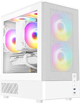 CiT F3 Gaming PC Case – Micro-ATX Computer Case with Mesh Front & Tempered Glass Side Panels - 3 x 120mm ARGB Fans Included - AIO Support - USB 3.0, USB 2.0 - HD Audio/Mic | White