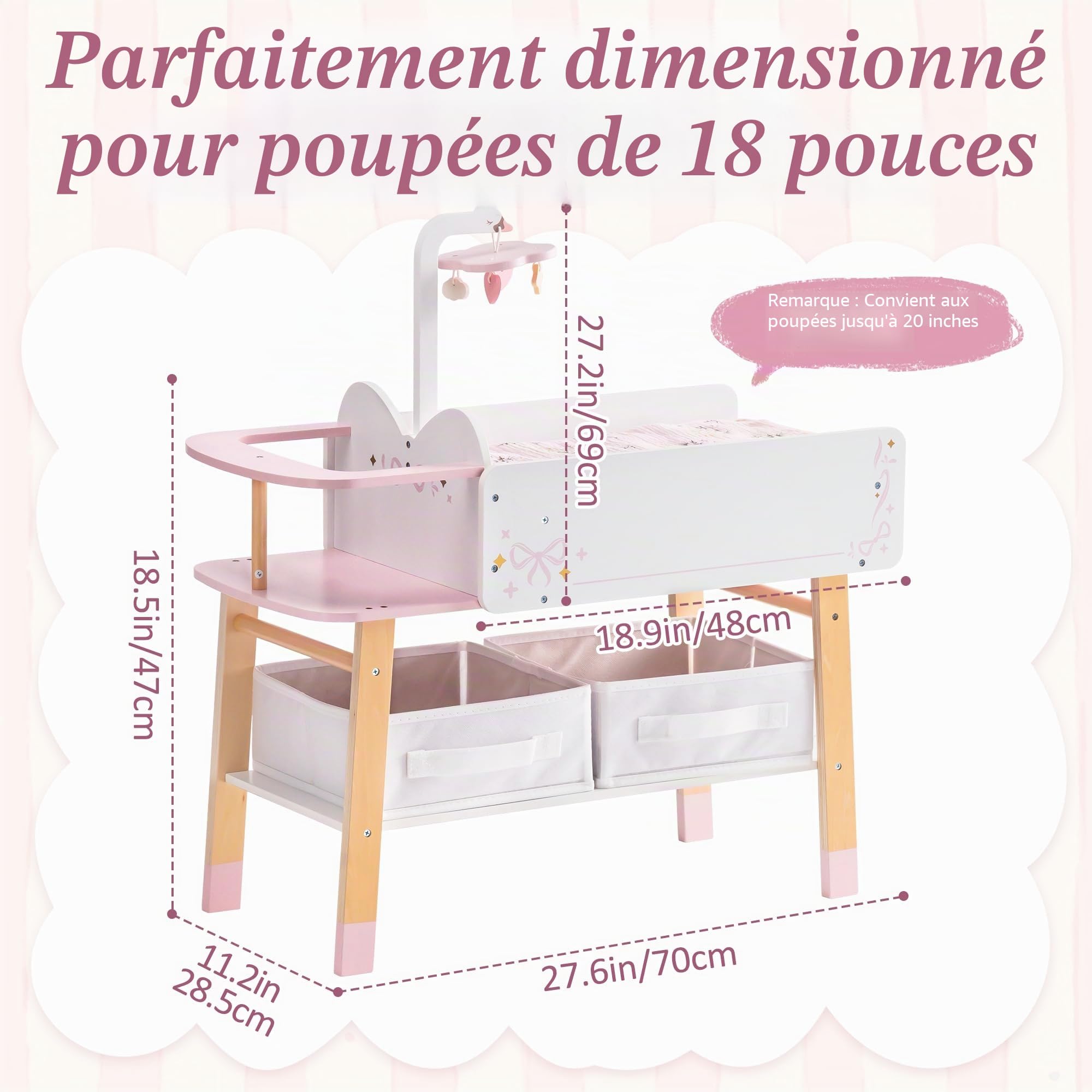 Table de Changement pour Poupée ROBUD avec Chaise Haute pour Poupées de 18 Pouces, Meubles de Poupée en Bois 2-en-1 avec Evier de Toilettage, Rangement, Station de Soins de Poupée pour Jeu de Rôle