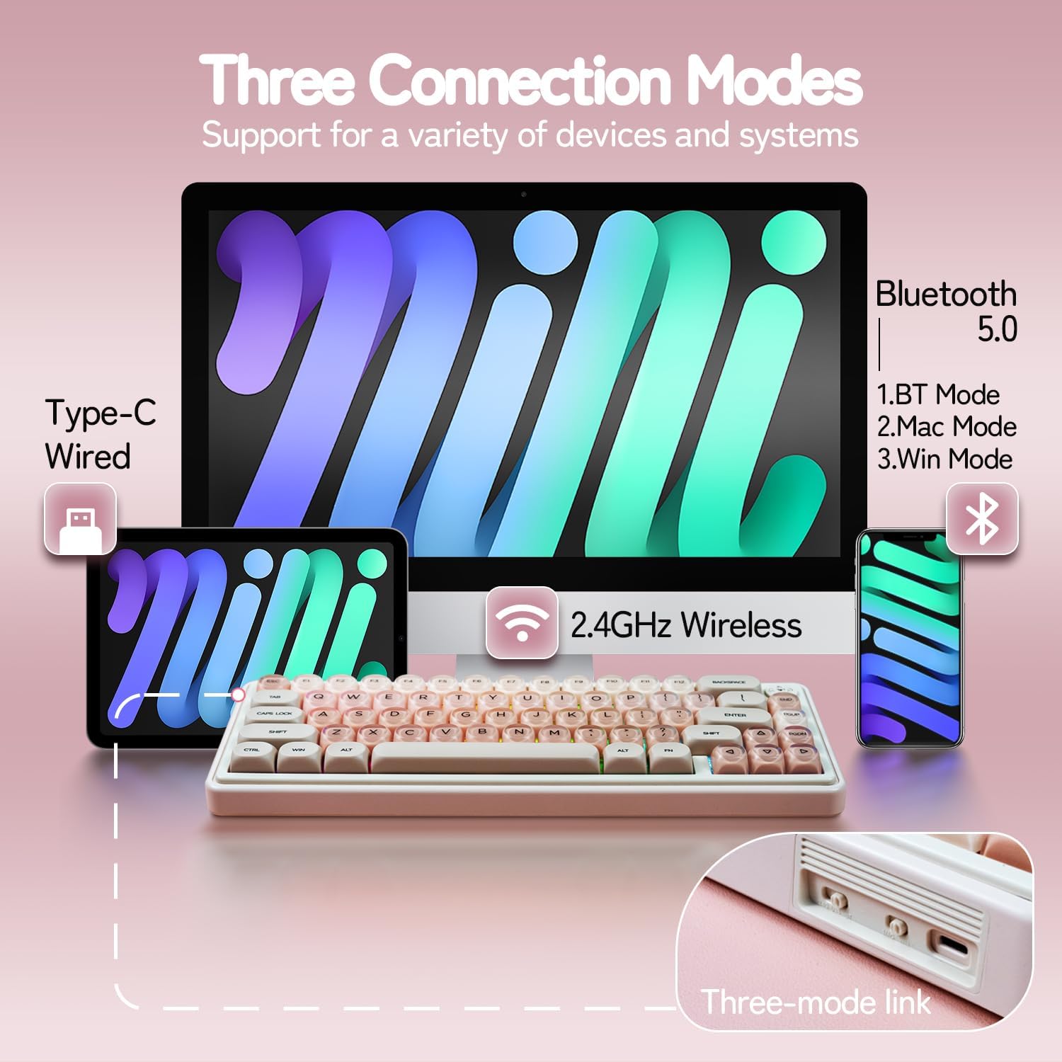 65% Mechanical Keyboard Wireless - 3 Modes 67 Keys Compact Pink Keyboard, Hot-Swap Socket, 5 Layer Padding, Creamy Gasket, Backlit RGB Keyboards Matte Crystalsi Keycaps