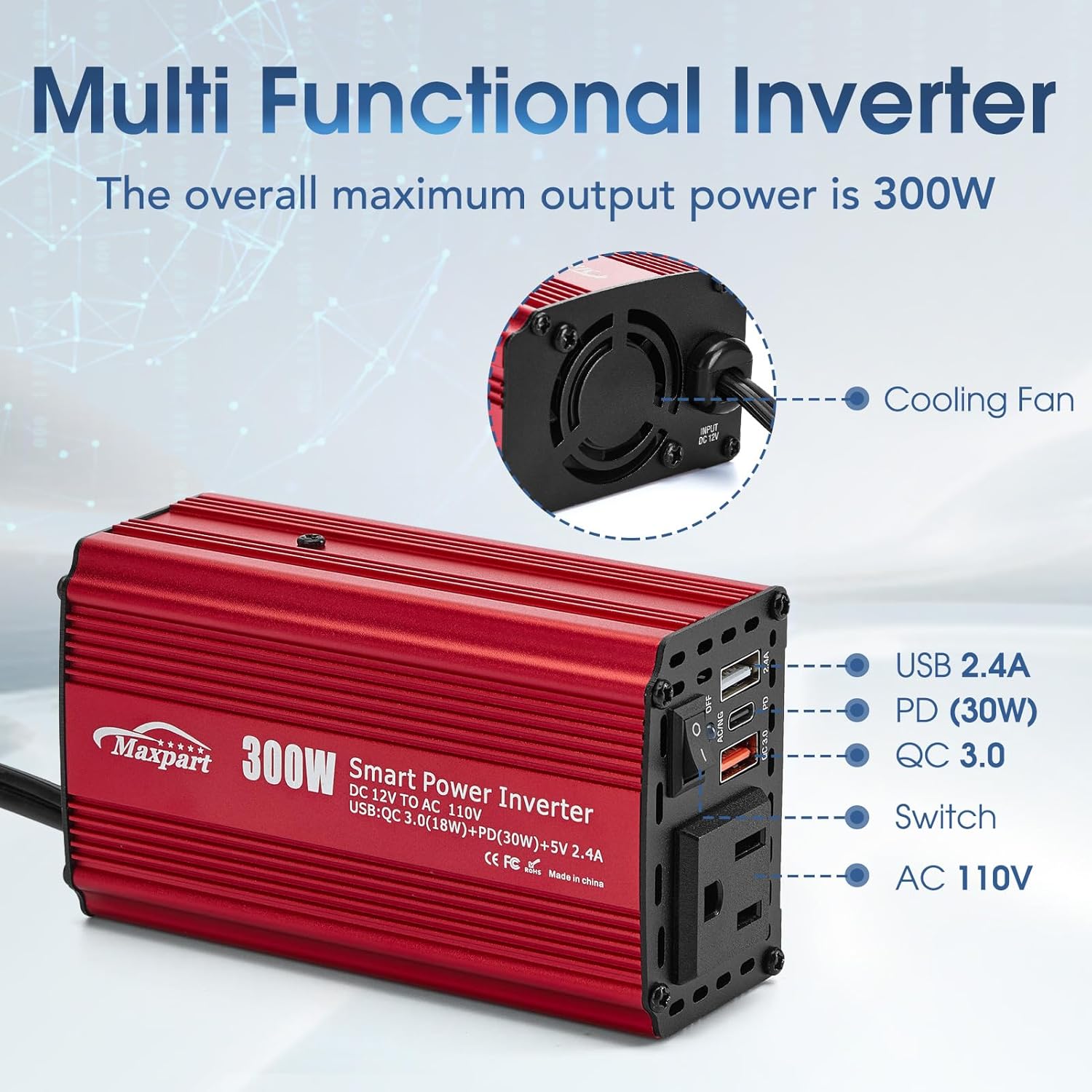 Diagram of the inverter highlighting its components: Cooling Fan, USB 2.4A port, PD (30W) port, QC 3.0 port, On/Off Switch, and AC 110V outlet.