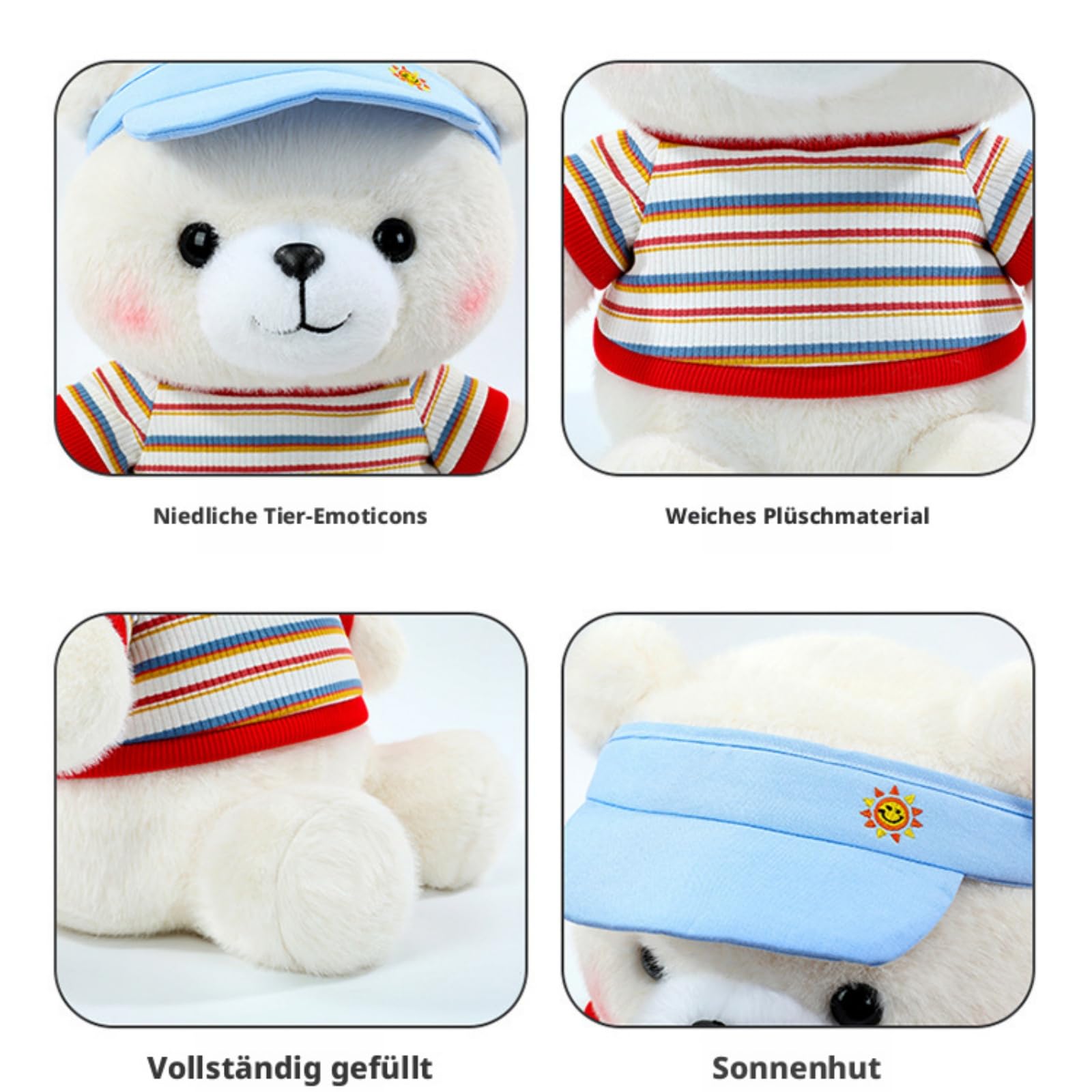 Teddy Bär Kuscheltier, Weiches Bären Plüschtier mit Sonnenkappe Gestreiftem Shirt, Niedlicher Bär Stofftier Geschenk für Mädchen & Kinder (53cm,Hong)