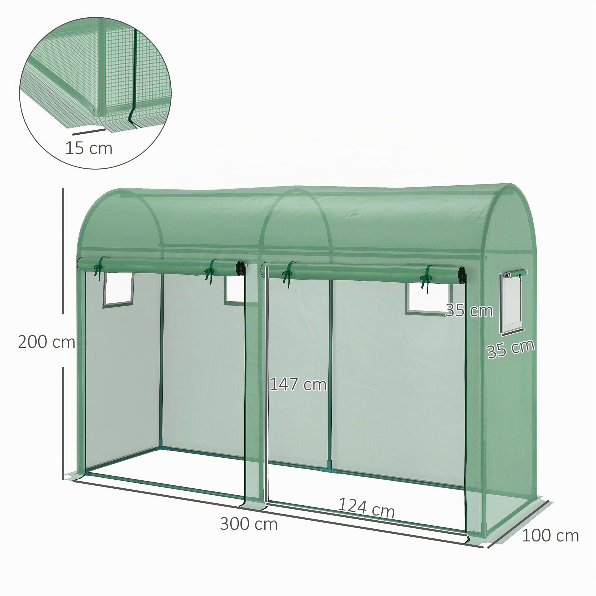 Outsunny Invernadero de Exterior 300x100x200 cm con 4 Ventanas Verde | Invernadero de Jardín, 2 Puertas, Cubierta de PE 140g/㎡, Marco de Acero, para Cultivos Plantas Flores