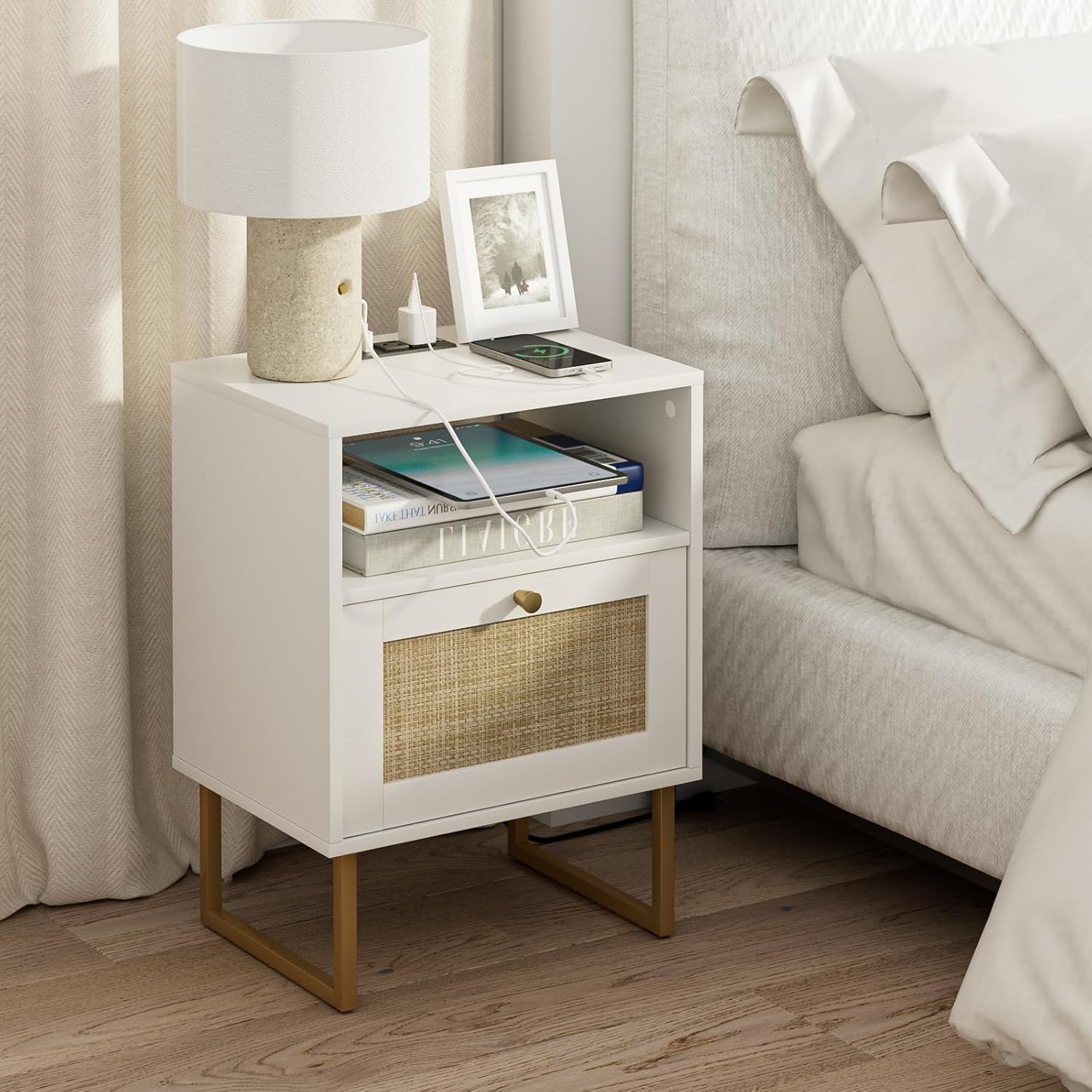 Masupu Rattan Nightstand with Charging Station,Modern Boho