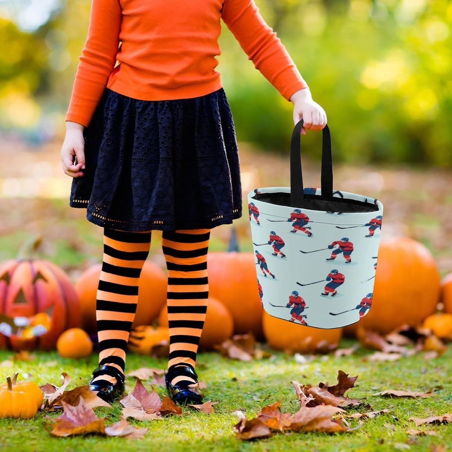 Ice Hockey Players Print Halloween Treat Bag Reusable Candy Basket Tote Goody Bags Gift Party