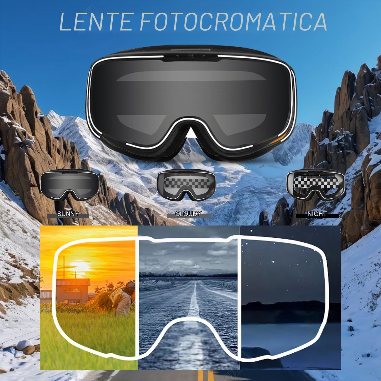 Occhiali Motocross Fotocromatici,Occhiali da Sci con Protezione UV e Cinturina Regolabile Antiscivolo,Lenti Auto-Oscuranti per Comfort Tutto il Giorno