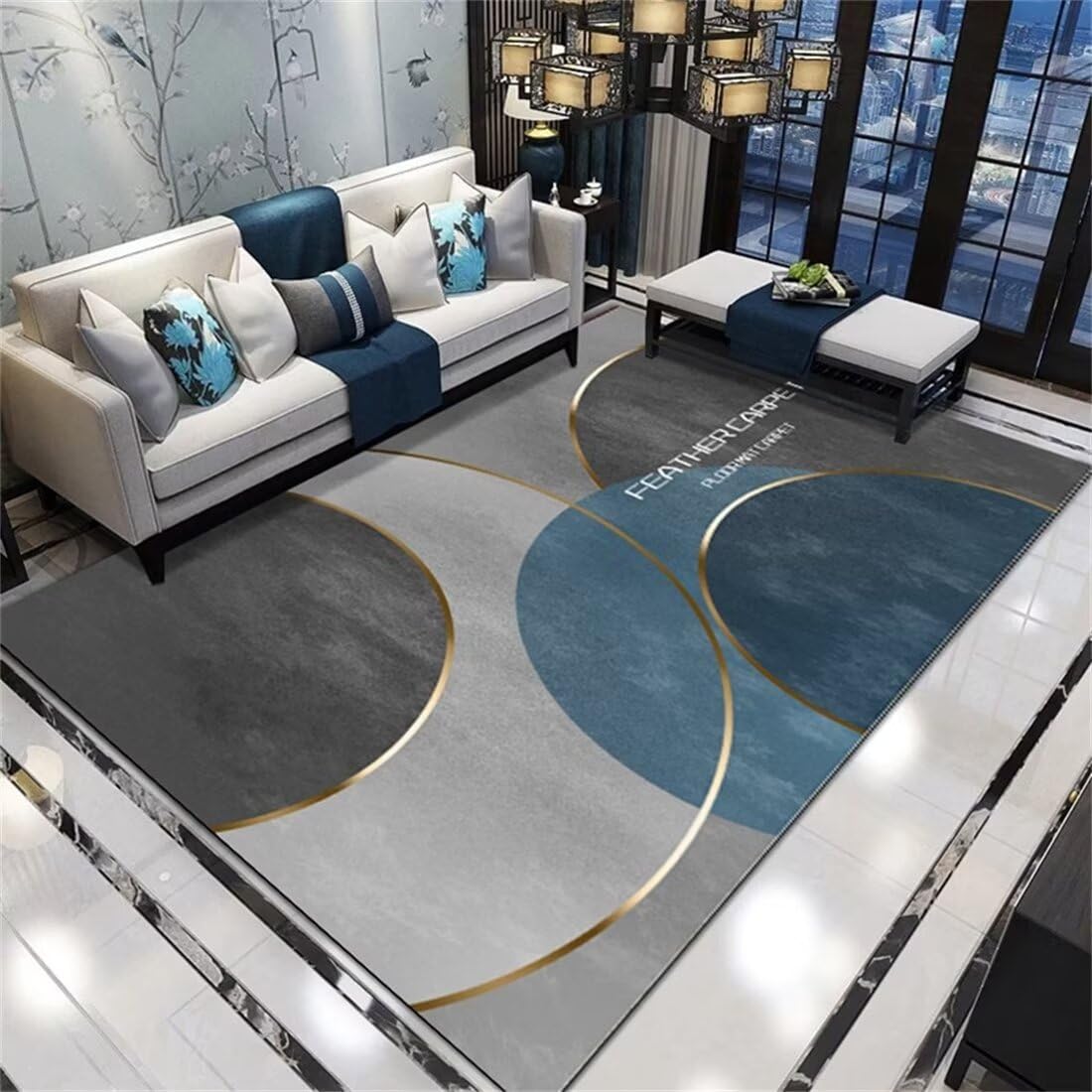 Tapis de chambre garçon 200x260cm bleu motif carreau de ciment