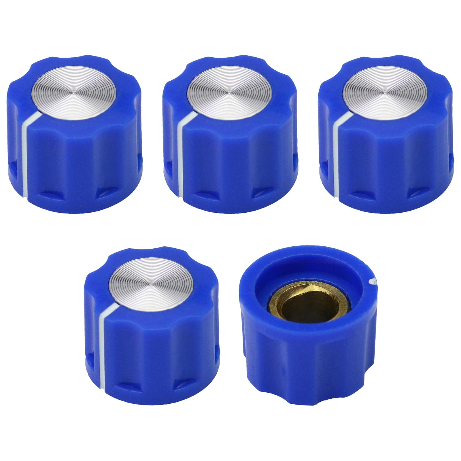 6.4mm Round Hole Small Fluted Silver Cap Retro Style Amplifier/Instrument Control Knob Pack of 5 (Blue)