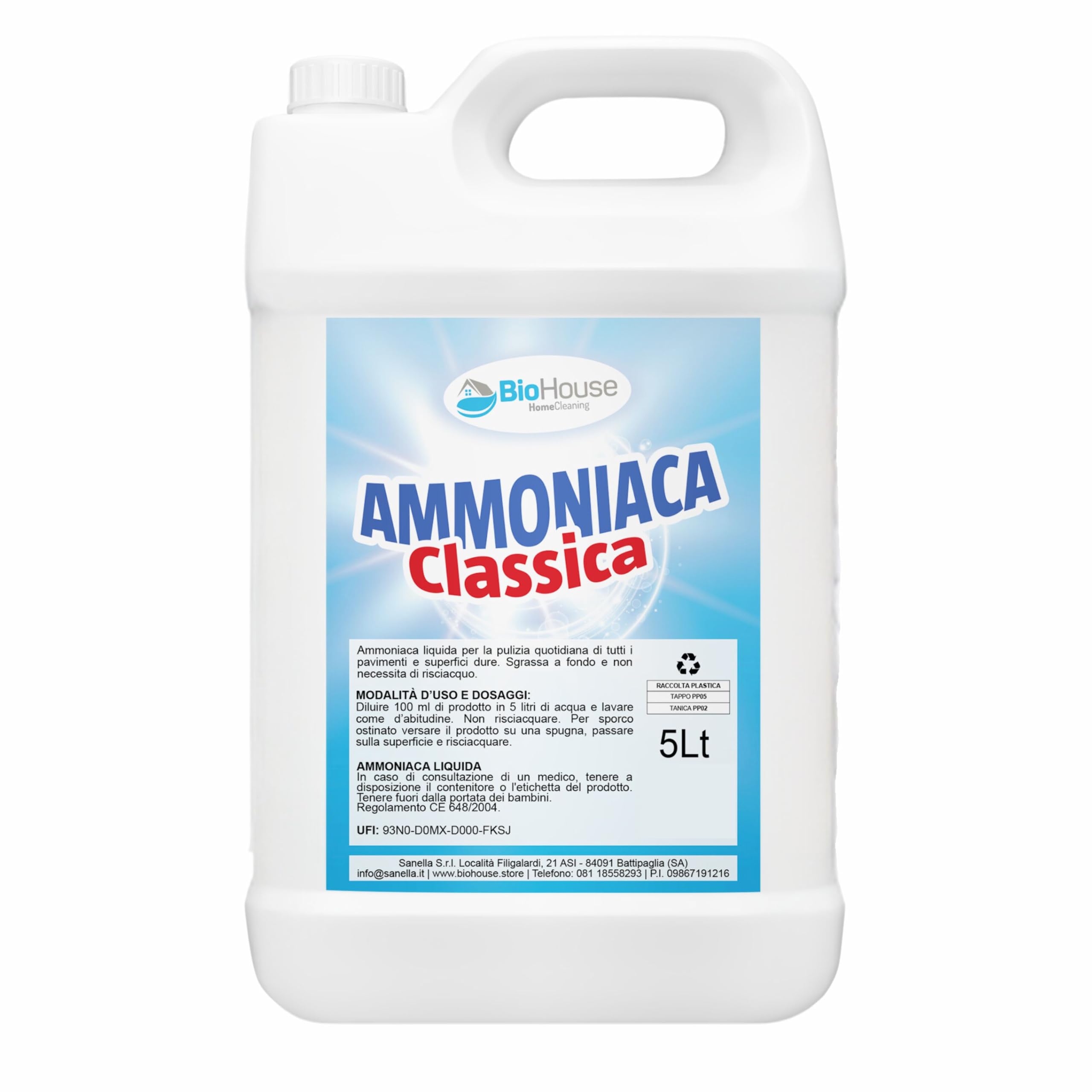 Ammoniaca 5 Litri Ammoniaca Liquida per Pavimenti e Superfici Dure. Sgrassa e Non Necessita Risciacquo Detersivo Pavimenti Profumato (1 Pezzo, Classica)