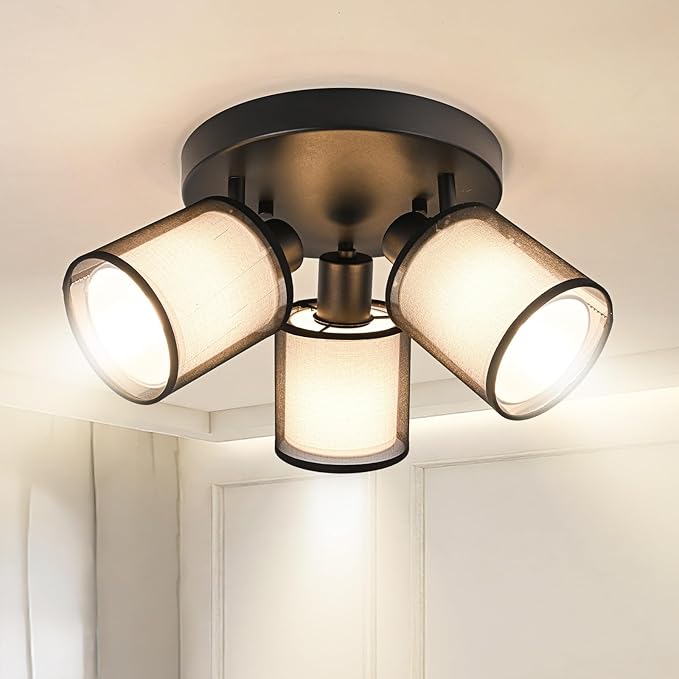 Lámpara de Techo 3 Focos Orientable, Negro Redonda Plafones de Techo E14 Plafón Foco de techo Retro Aplique Pared Interior Giratorios Vintage Para Cocina Pasillos Salón, Sin Bombilla