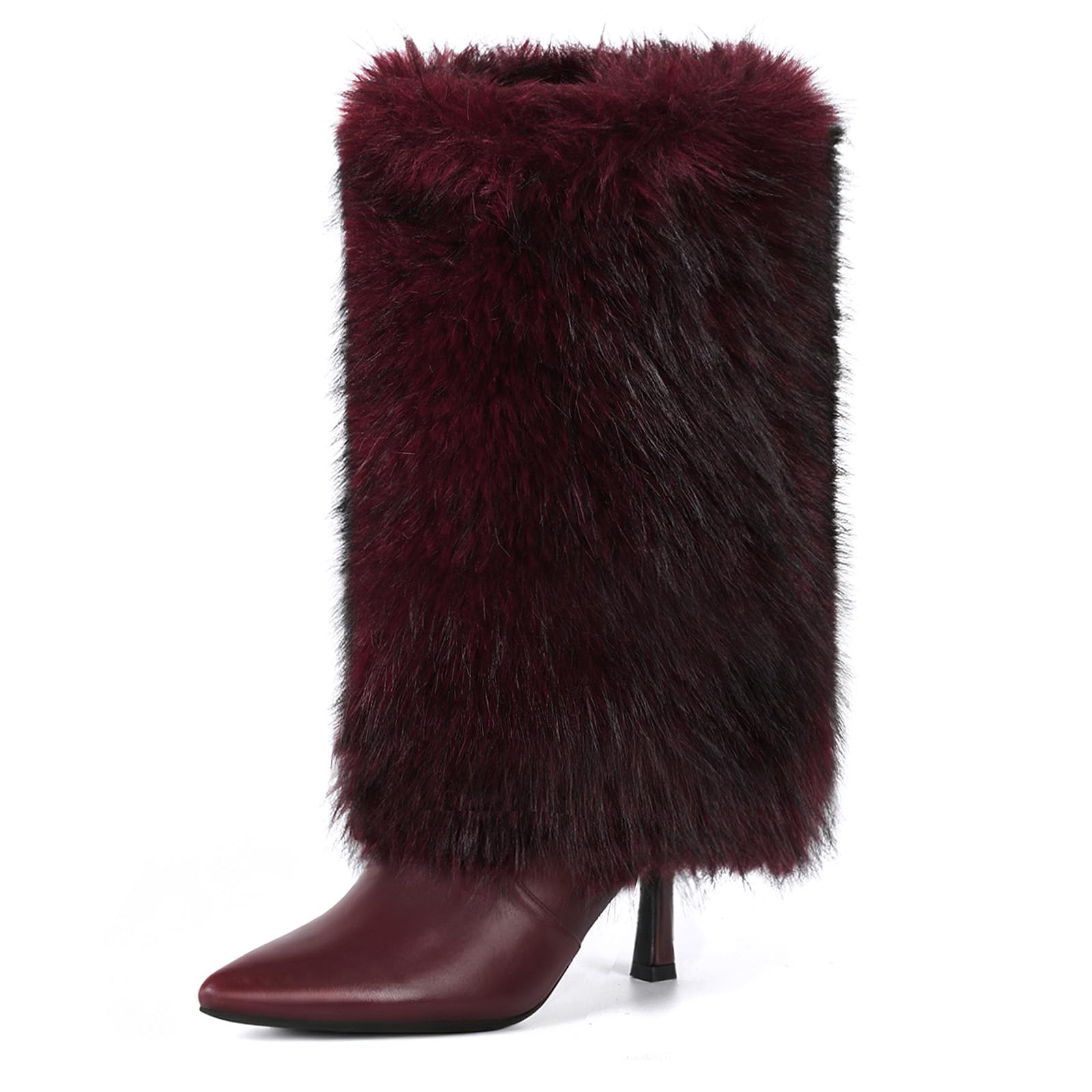 3 3-inch Kitten Heel Mid Calf Fur Boots Furry Fuzzy Fluffy Pointed Toe Boots for Women Short Boot