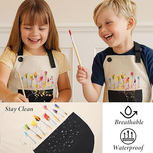 Miniatura 6 de Paquete de 2 delantales de artista para pintar, delantal ajustable impermeable de jardinería, lindo delantal de pintura para niños y niñas, con