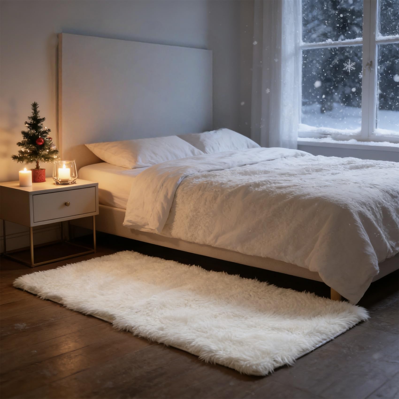 Tapis de salon élégant de 140 x 95 cm en velours Shaggy blanc aux finitions soignées