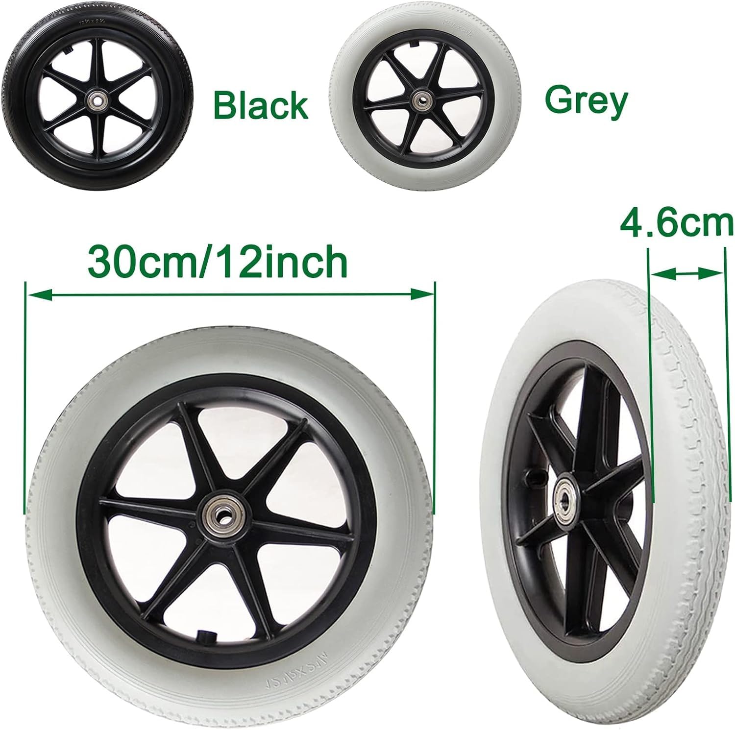 Vollreifen Vorderrad, 2 Stück Ersatzräder Für Radch, Mit Lager/Schraube, Schwarz/Grau Walker Räder Kein Aufblasen Erforderlich, Black, 300mm-12inch