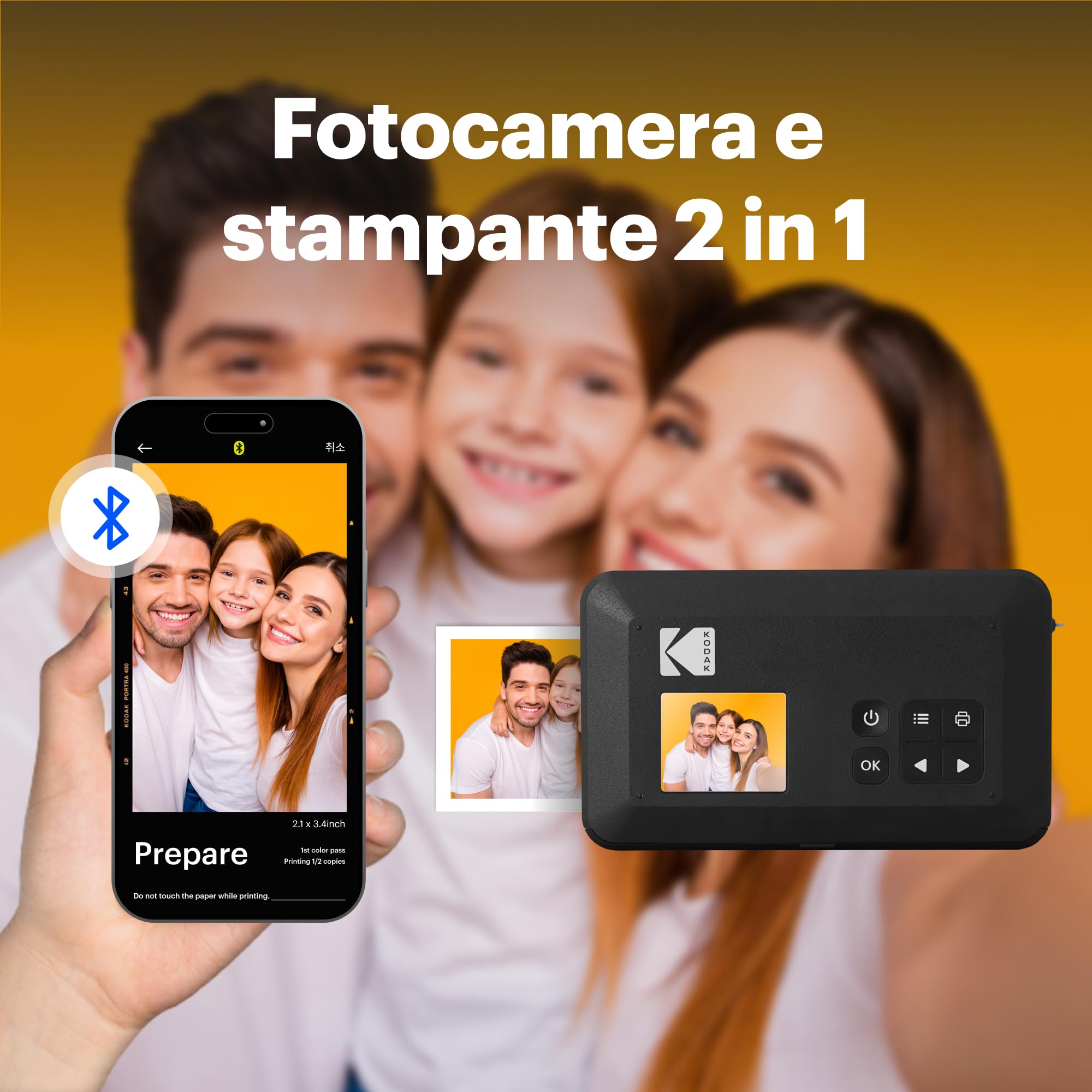 KODAK Mini Shot 2 Retro Regalo di Natale 4PASS 2-in-1 Fotocamera istantanea e stampante fotografica (5,3 x 8,6 cm) + 8 Fogli inclusi + confezione da 30 fogli, giallo