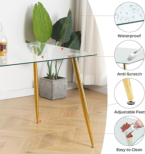 Miniatura 5 de Juego de mesa de comedor moderno de 51" de 5 piezas para 4, mesa rectangular de vidrio con 4 sillas tapizadas en cuero, con capacidad para 4 Blanco