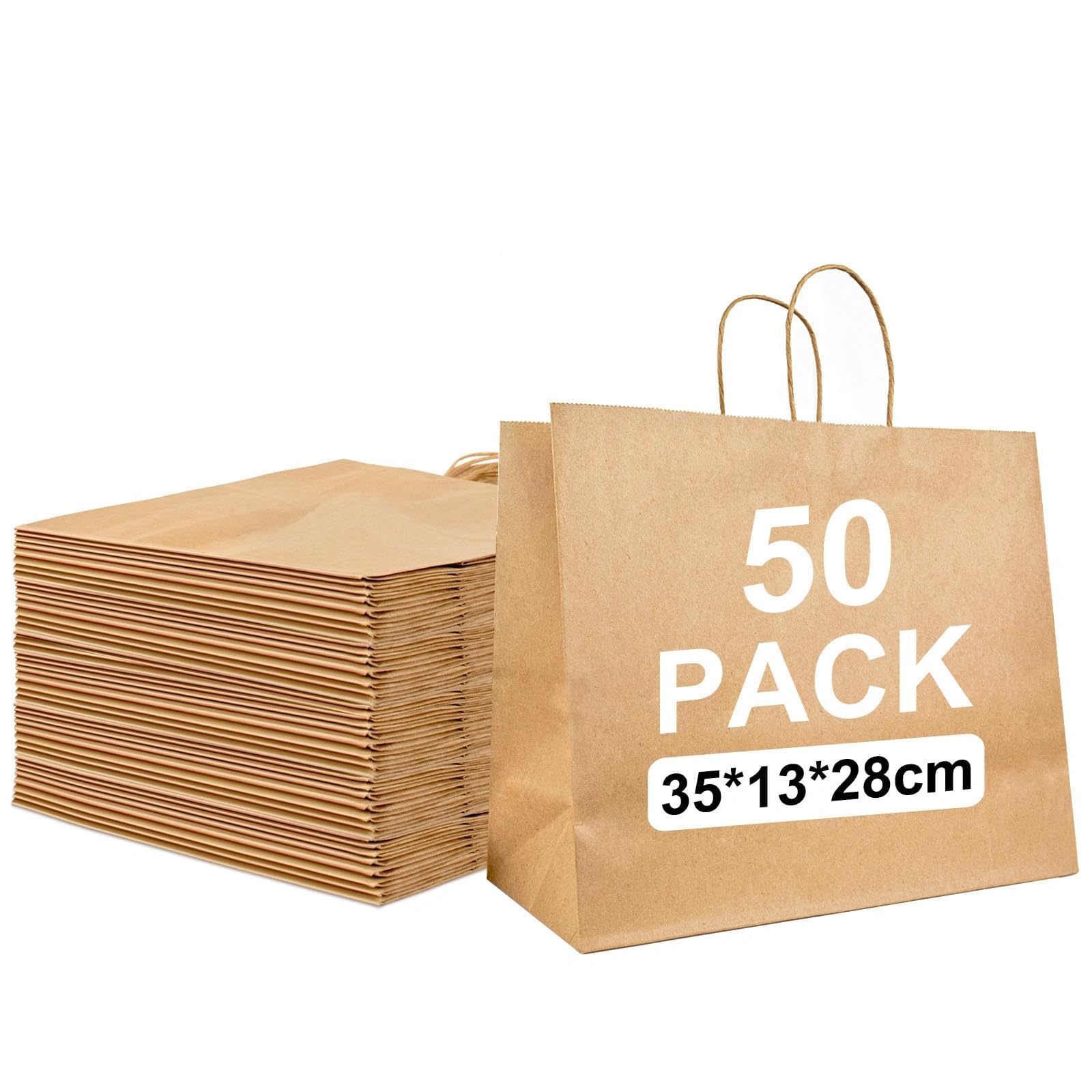 50 Pcs Brown Paper Bags With Handles, 130GSM(35×13×28cm), Large Kraft Carrier Bags for Business, Retail, Shopping & Gifts