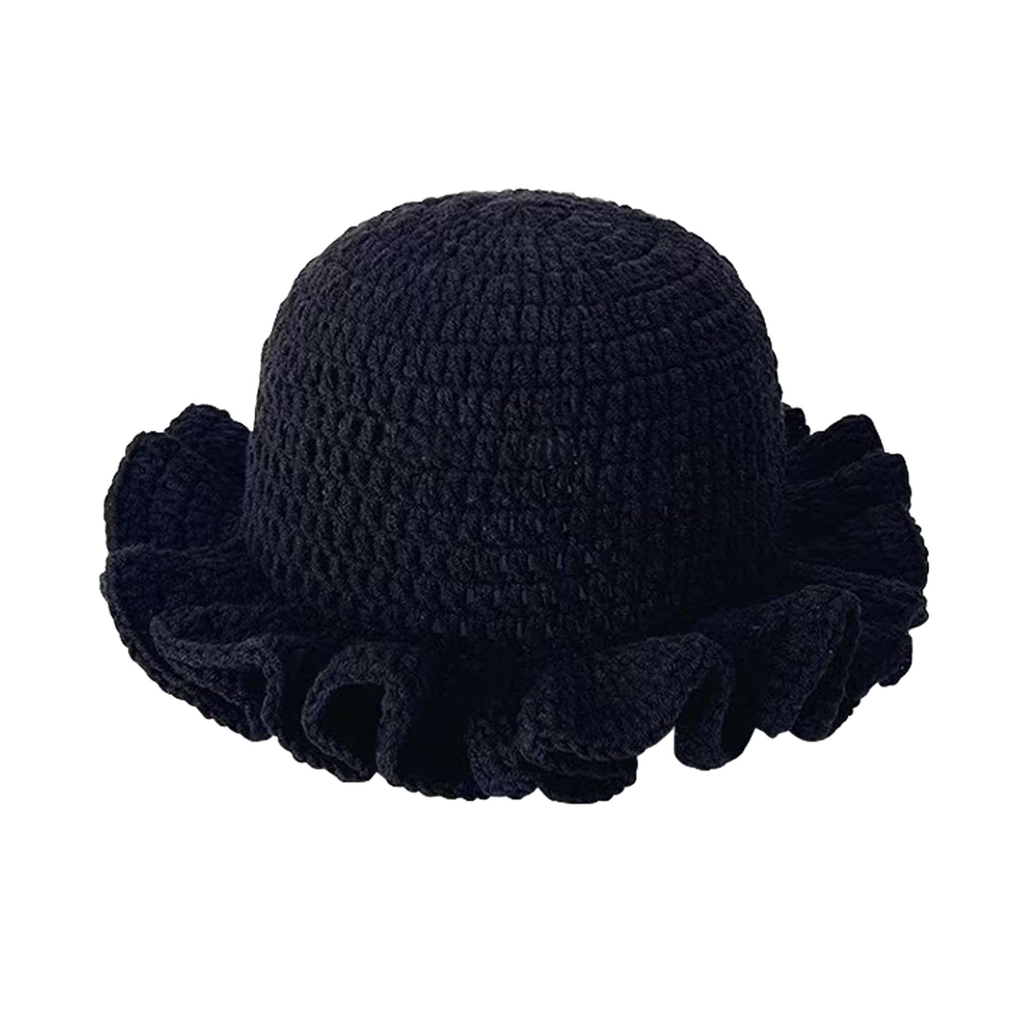 Women's Crochet Ruffled Bucket Hat - Winter Fashion Knitted Hat Foldable Wide Brim Fisherman Beanie Cap Stretchy Knit Hat (US, Alpha, One Size, Black)