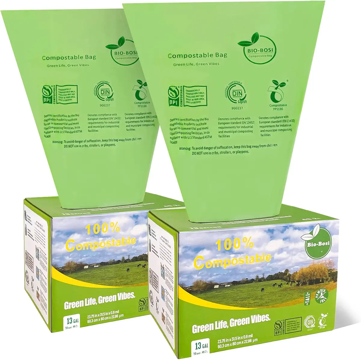 Bio-Bosi Compostable Trash Bags, 13 Gallon Compost Bags, 100 Count 49.2 Liter Extra Thick 0.9 Mil Biodegradable Kitchen Food Scraps Bags, ASTM D6400, US BPI &amp; Europe OK Compost Home Certified