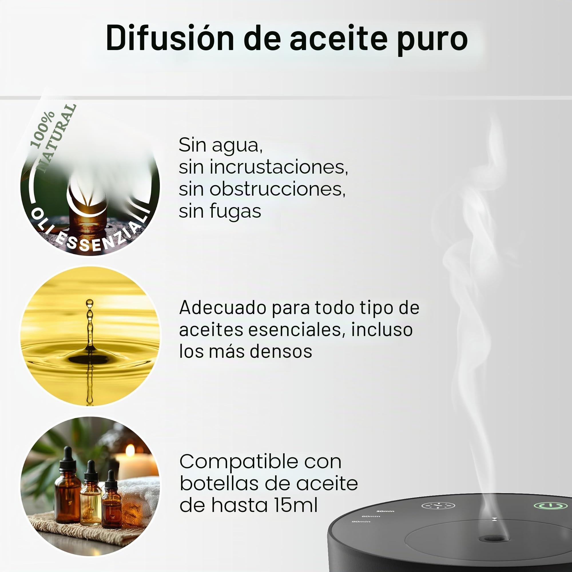 AromaLuxe – Difusor de aroma para aceites esenciales, sin agua, batería recargable, intensidad ajustable y temporizador, aluminio resistente, negro