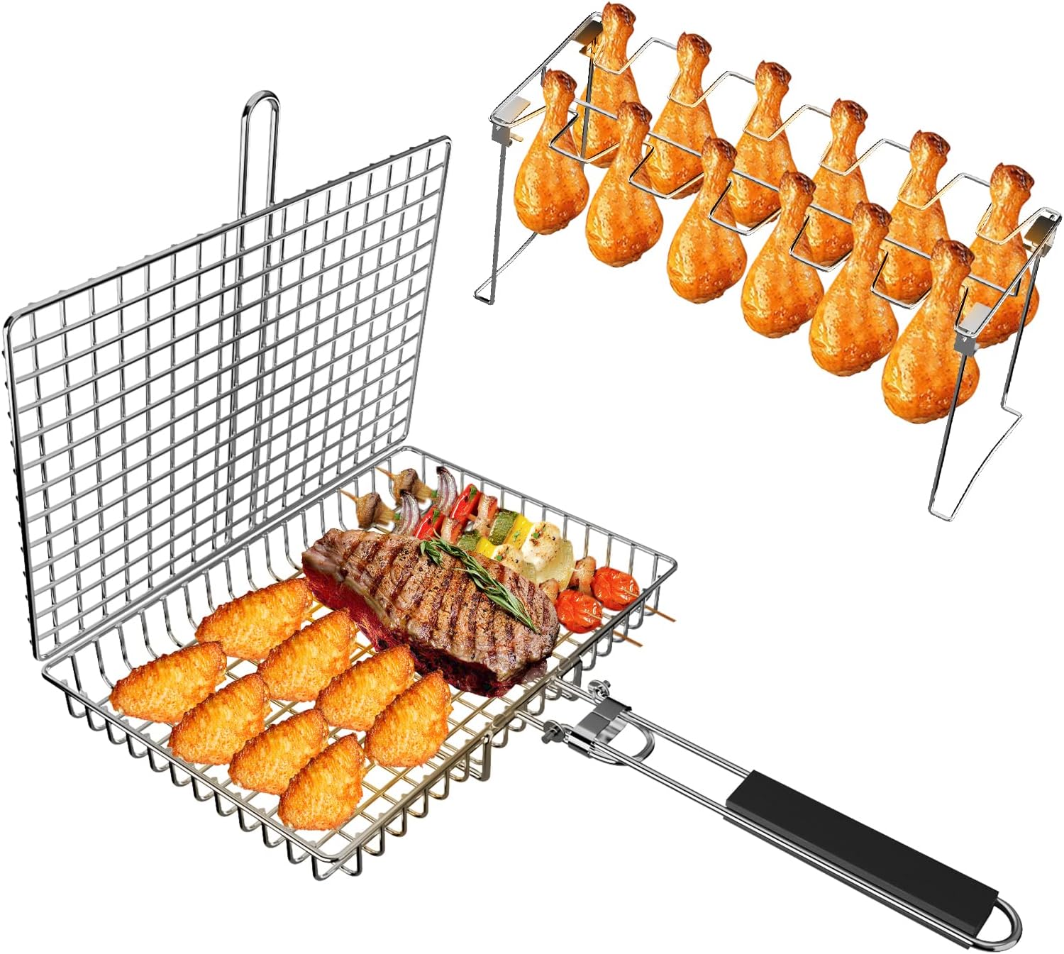 Cesta Para Asador Rectangular De 3 Piezas De Acero Inoxidable - 19×18.7×8 Cm, Compatible Con Parrillas De Gas Y Carbón