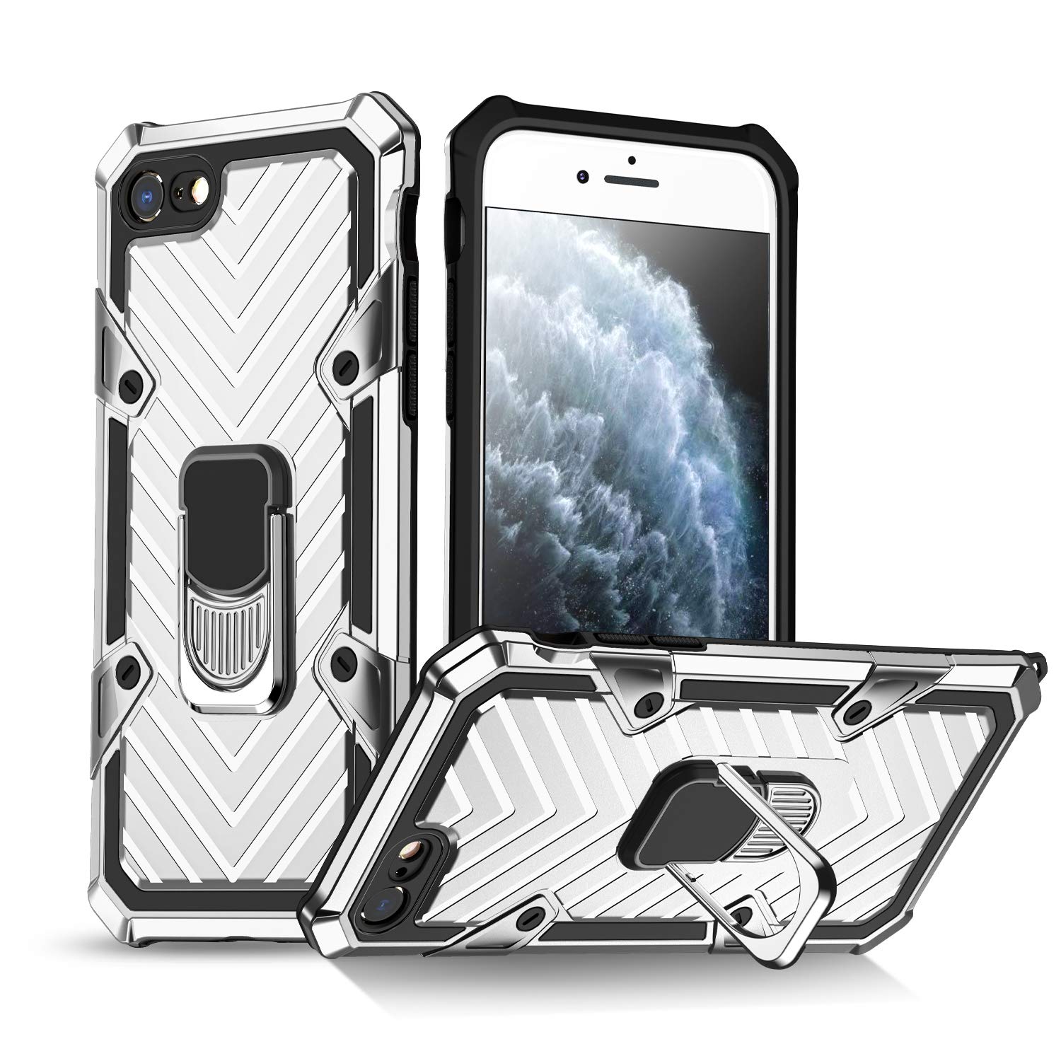 Phone Case for iPhone SE 2020/7/8 Shockproof Cover with Ring Holder Upgrade Armor Designed Durable Soft TPU Protective 360 Degrees Rotation Ring Grip,Silver