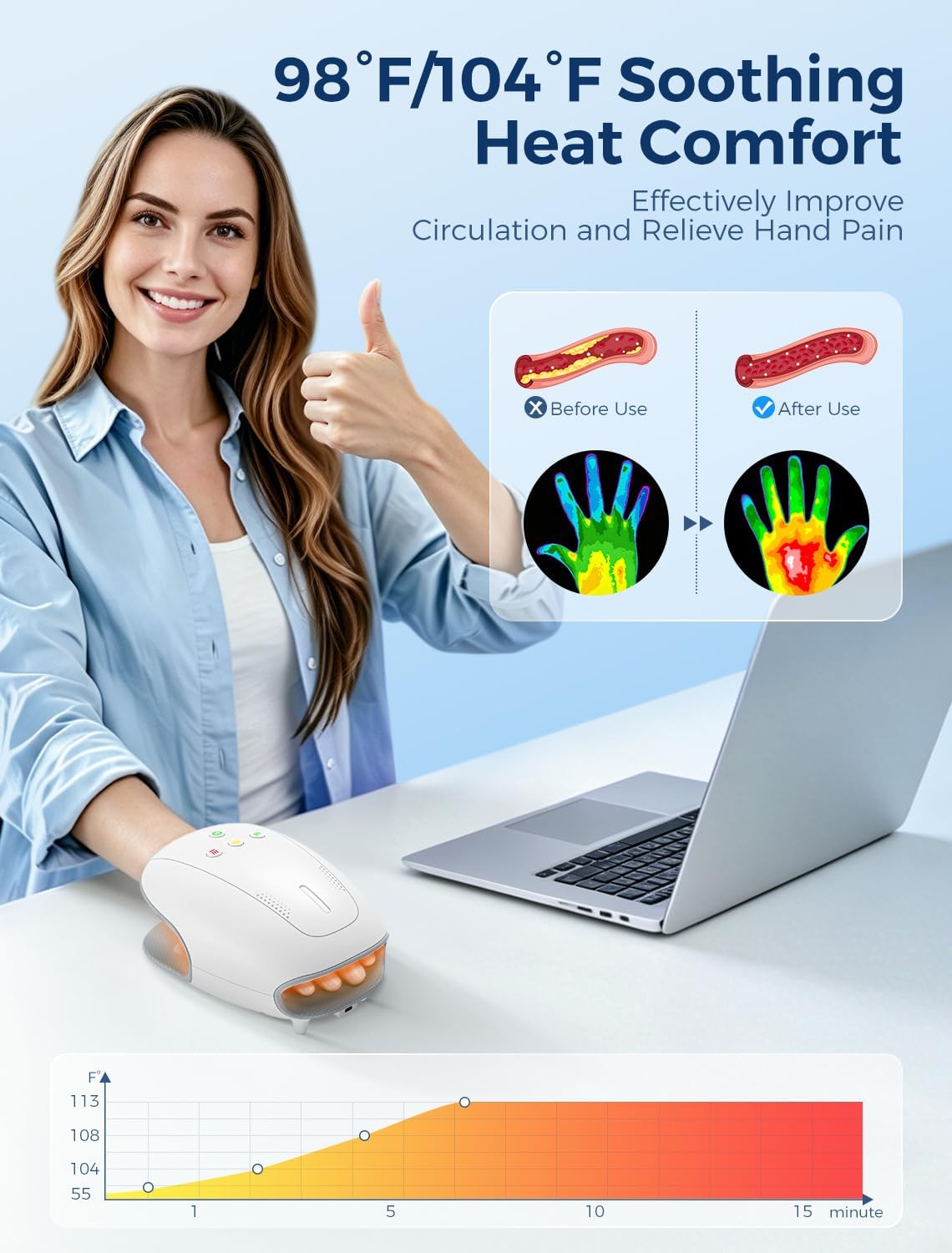 Estefanlo Hand Massager with Heat and Compression, Cordless Hand Massager for Arthritis Pain Relief, 3 Modes Air Compression Finger Massage Device, 2 Heat Levels, Washable Silicone Liner