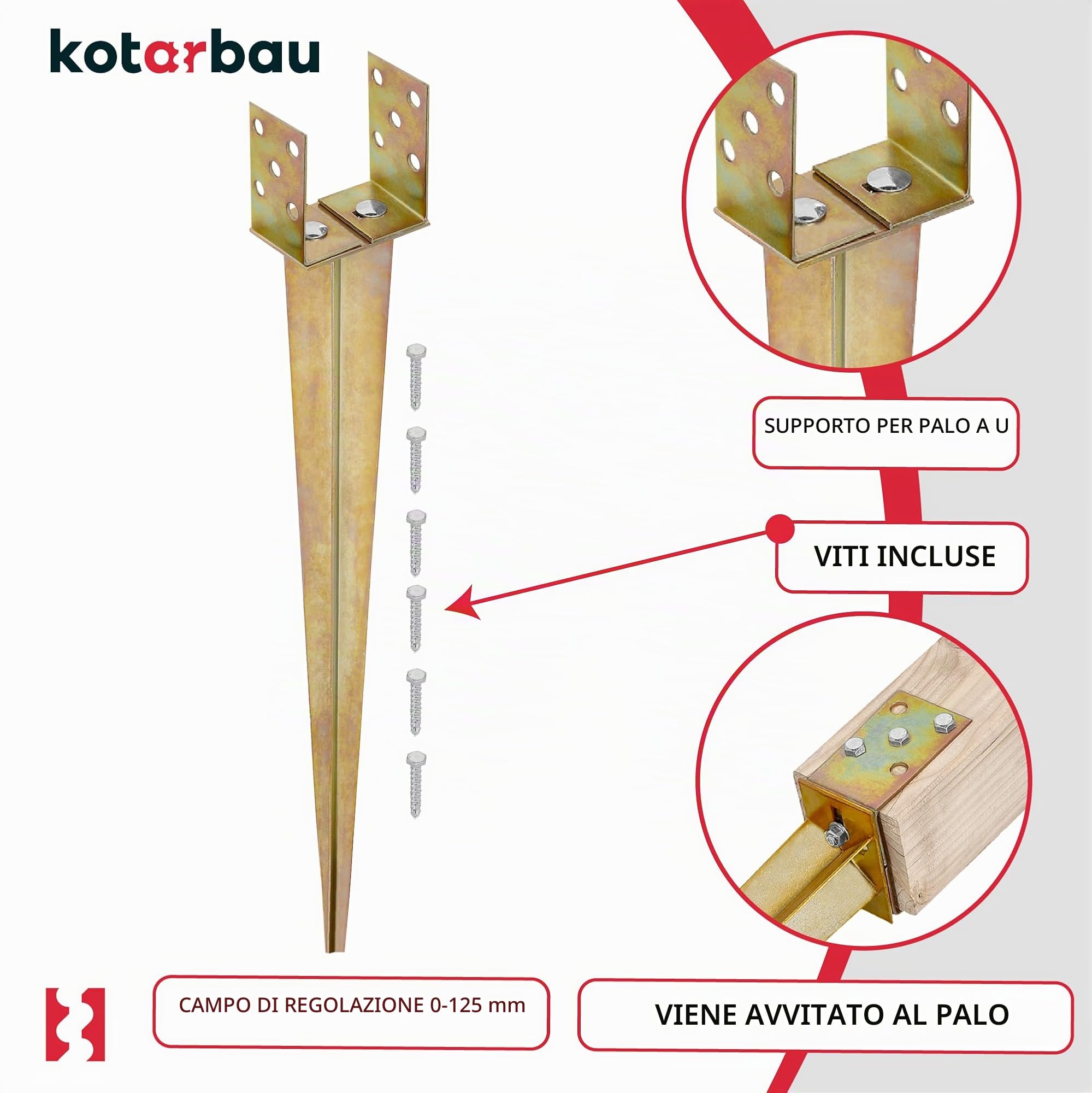 KOTARBAU® 4 pz. Supporto per Pali in Legno - 0-125 mm - Acciaio Zincato - 70 cm - Porta Palo Legno - Dorato- Ancoraggio Regolabile Per Pali - Staffa a U - Fissaggio Staffa a Terra