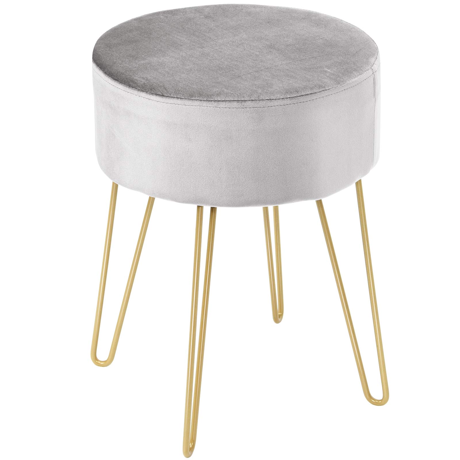 DREAMADE Samthocker Sitzhocker rund, Schminkhocker mit stabilen goldenen Metallfüßen, Fußhocker Samtstuhl Gepolsterter Hocker für Wohnzimmer & Schlafzimmer (Hellgrau)
