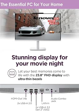 Lenovo 24 All-in-One Desktop | Ultra-Fast Intel Quad-Core CPU | 16GB RAM | 512GB SSD | Full HD Display | Wi-Fi 6 | Bluetooth | HDMI Out | USB & Ethernet Ports | Windows 11 | Wireless Keyboard & Mouse
