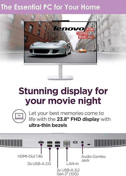 Lenovo 24 All-in-One Desktop | Ultra-Fast Intel Quad-Core CPU | 16GB RAM | 512GB SSD | Full HD Display | Wi-Fi 6 | Bluetooth | HDMI Out | USB & Ethernet Ports | Windows 11 | Wireless Keyboard & Mouse