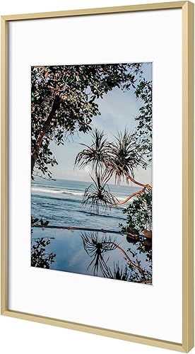 Vista 273 de Golden State Art - Marco de fotos de aluminio satinado clásico de 8 x 10 con alfombrilla de color marfil para fotos de 5 x 7 y cristal real, Dorado