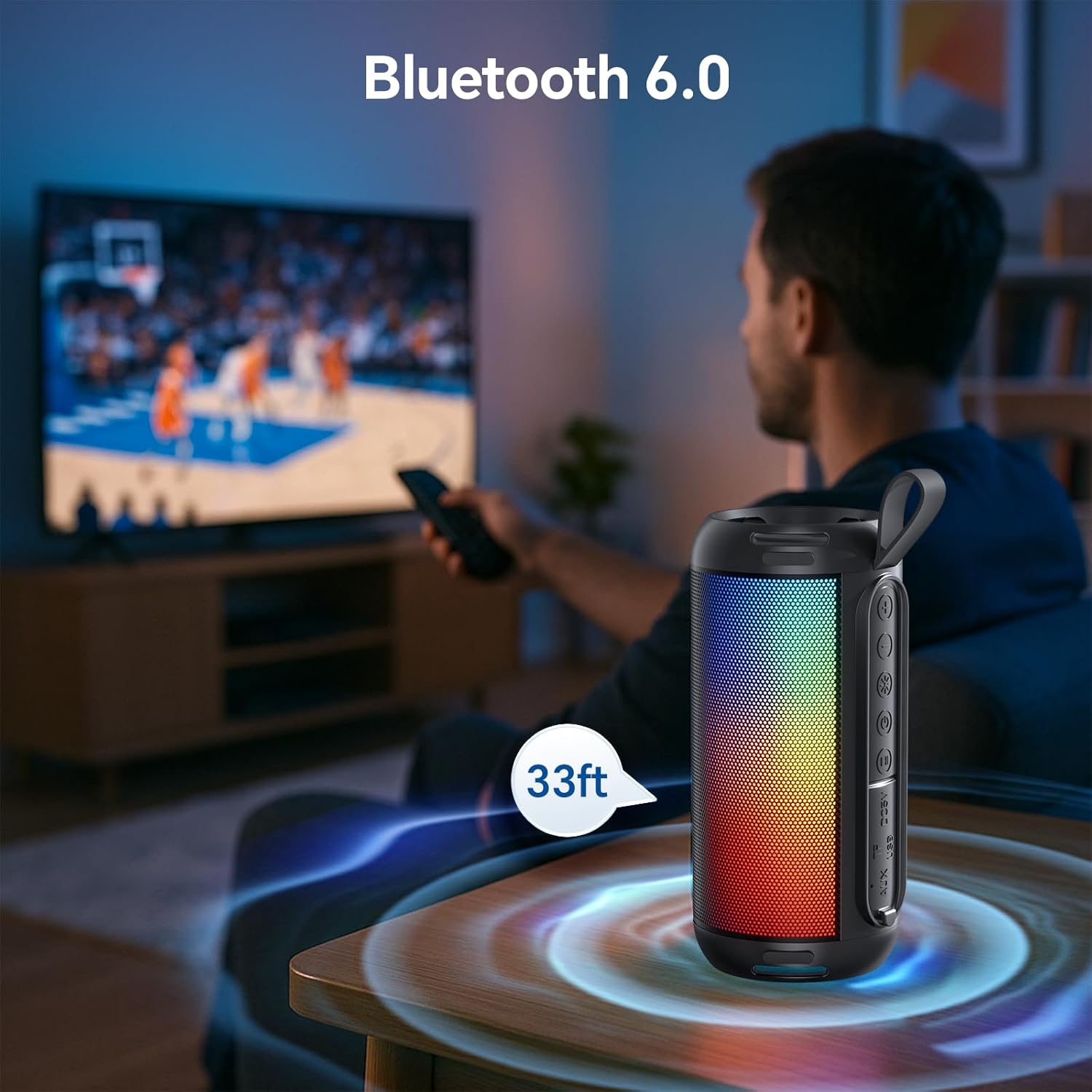 FULMINARE Portable Bluetooth Speaker with 26W HD Sound, Speakers Bluetooth Wireless 6.0, AUX&TF-Card&USB Input, LED Lights, IPX5 Waterproof, 16H Playtime for Home/Outdoor/Party, Birthday Gift (Black) - Image 3