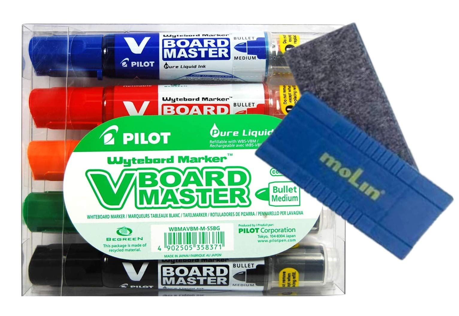 PILOT Rotuladores para pizarra V Board Master 5 rotuladores (A,N.R.V,NA) y Borrador