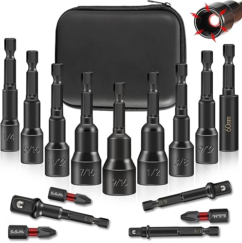 Juego de 15 destornilladores magnéticos SAE con adaptador de enchufe y brocas Phillips, soporte para puntas de extensión de 14 pulgadas, vástago