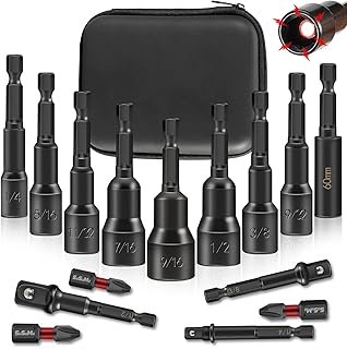 15PCS Impact Rated Magnetic SAE Nut Driver Set with Socket Adapter and Phillips Screwdriver Drill Bits,Extension Bit Holder 1/4" Quick Change Hex Shank for Cordless Impact Drive Nuts Or Bolts
