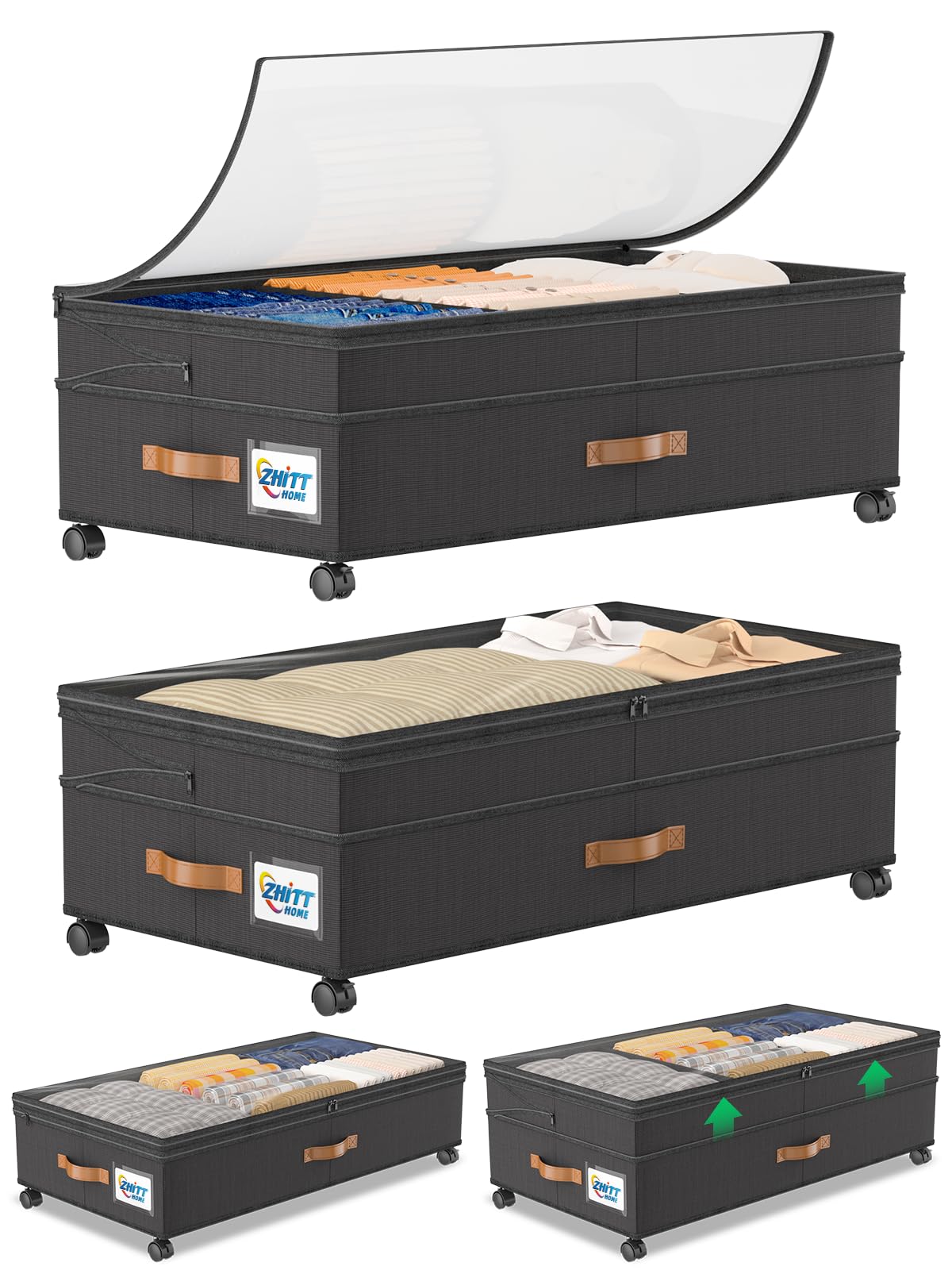 ZHITTHOME Under Bed Storage with Wheels, 2-Pack 72L XXXL Scalable Under Bed Storage Containers with Transparent Lids, Underbed Storage Organizer Rolling Bins for Shoes Clothes Sheet - Expandable Max