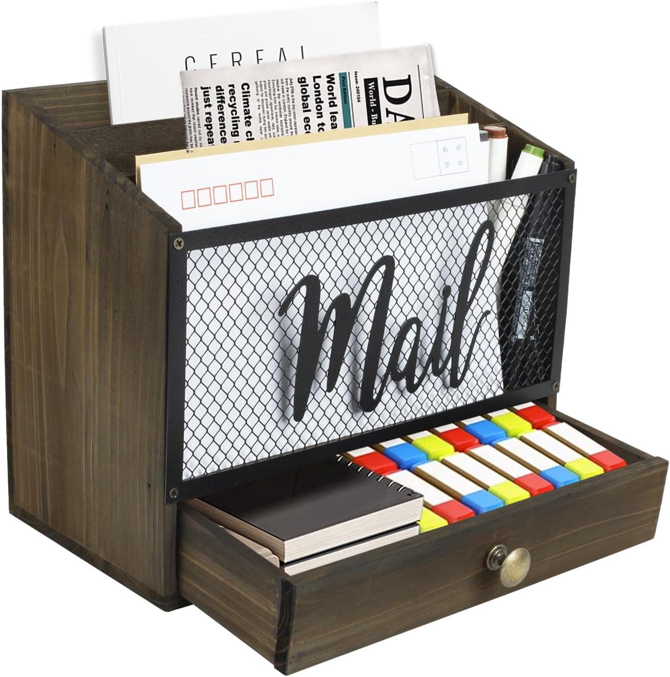 Mail Organizer Countertop with Drawer, Wooden Mail Storage Organizer Holder with 3 Compartments, Wall Mounted Mail Sorter for Home Office Bill Envelope Letter Storage, Brown