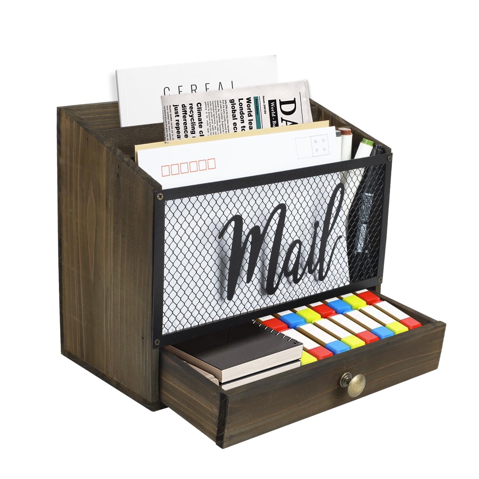 Organizzatore di Posta da Scrivania in Legno con 3 scomparti e cassetto, Organizzatore per Cartelle di Carta e Lettere, Organizer per Cartelle per Scrivania per Lettere Cancelleria, Marrone