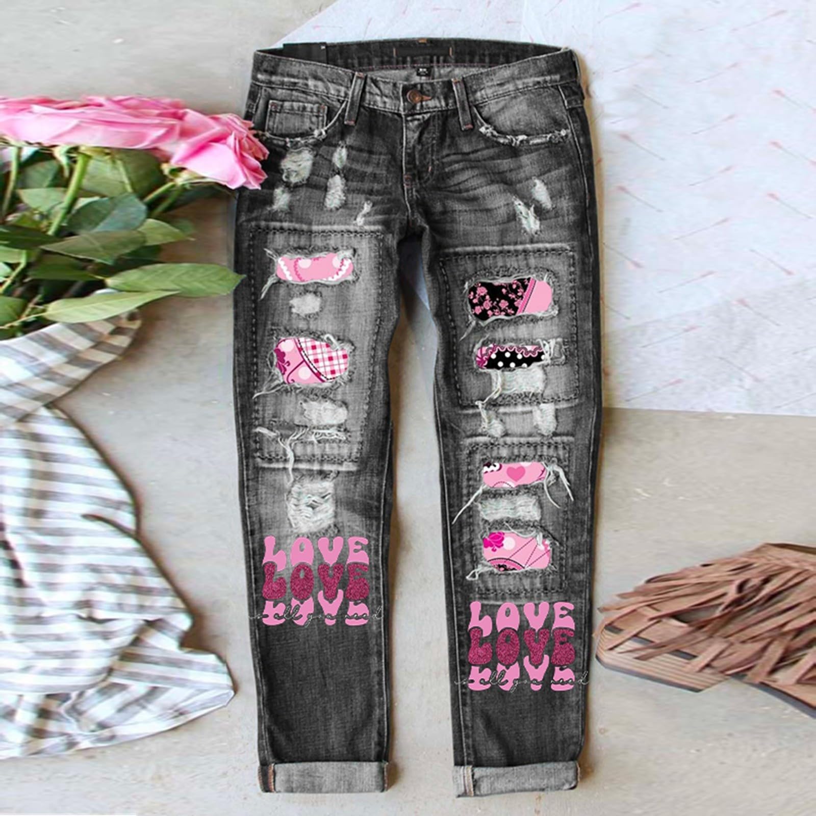 Boyfriend Jeans Damen - Modische Damenjeans mit geradem Schnitt trendigem Druckdesign für einen lässigen
