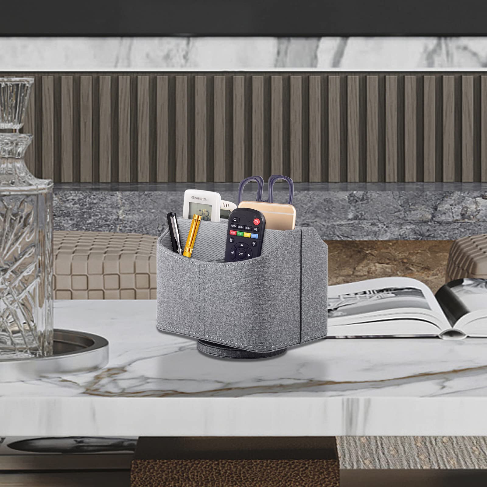 Organizzatore per telecomando girevole a 360°, contenitore per telecomando TV, organizer in pelle PU con 5 scomparti, multifunzione per comodino, scrivania, ufficio, portapenne, Grigio