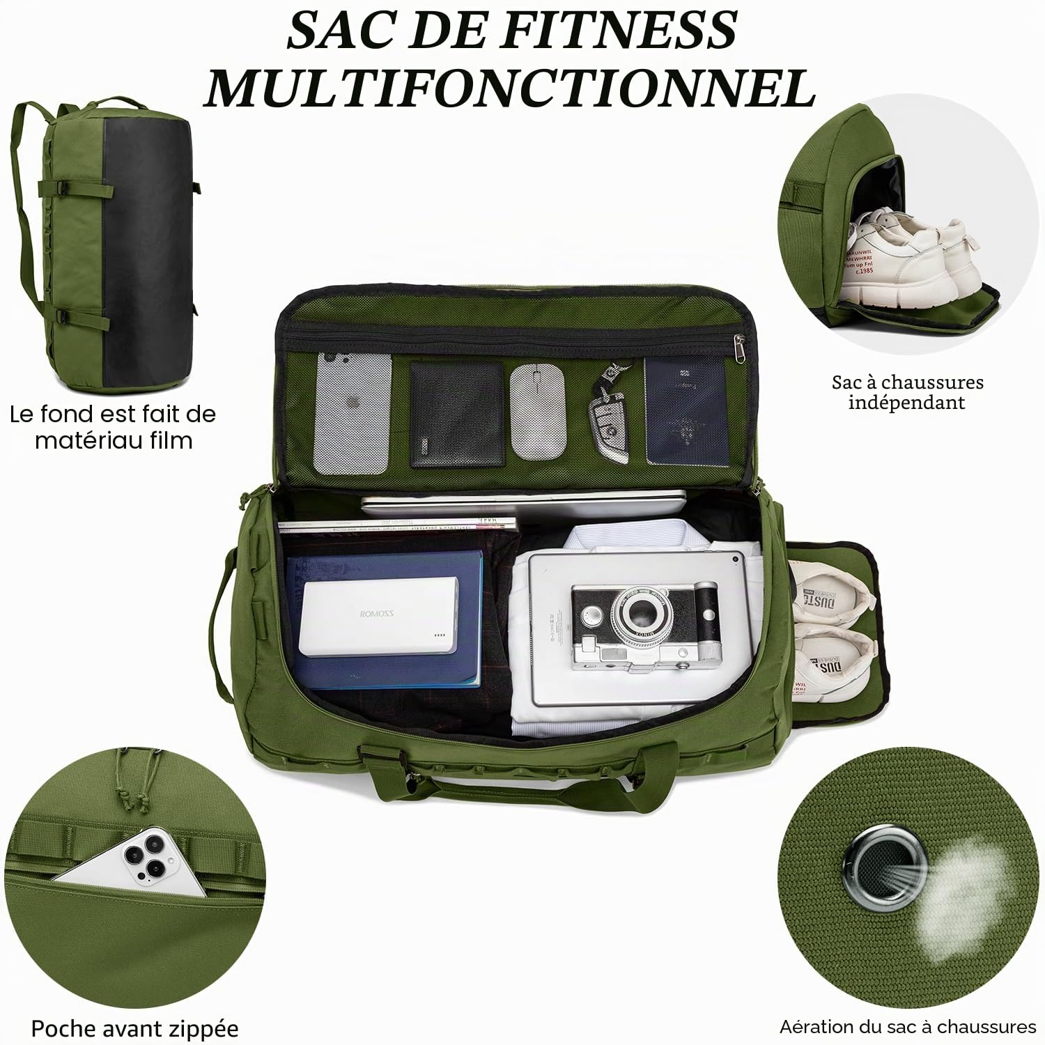 Sac de Sport Homme 60L Grand Sac de Voyage Week-End avec Compartiment de Chaussures et Poche Humide Sac de Voyage Femmes Imperméable pour Fitness Voyage, Vert