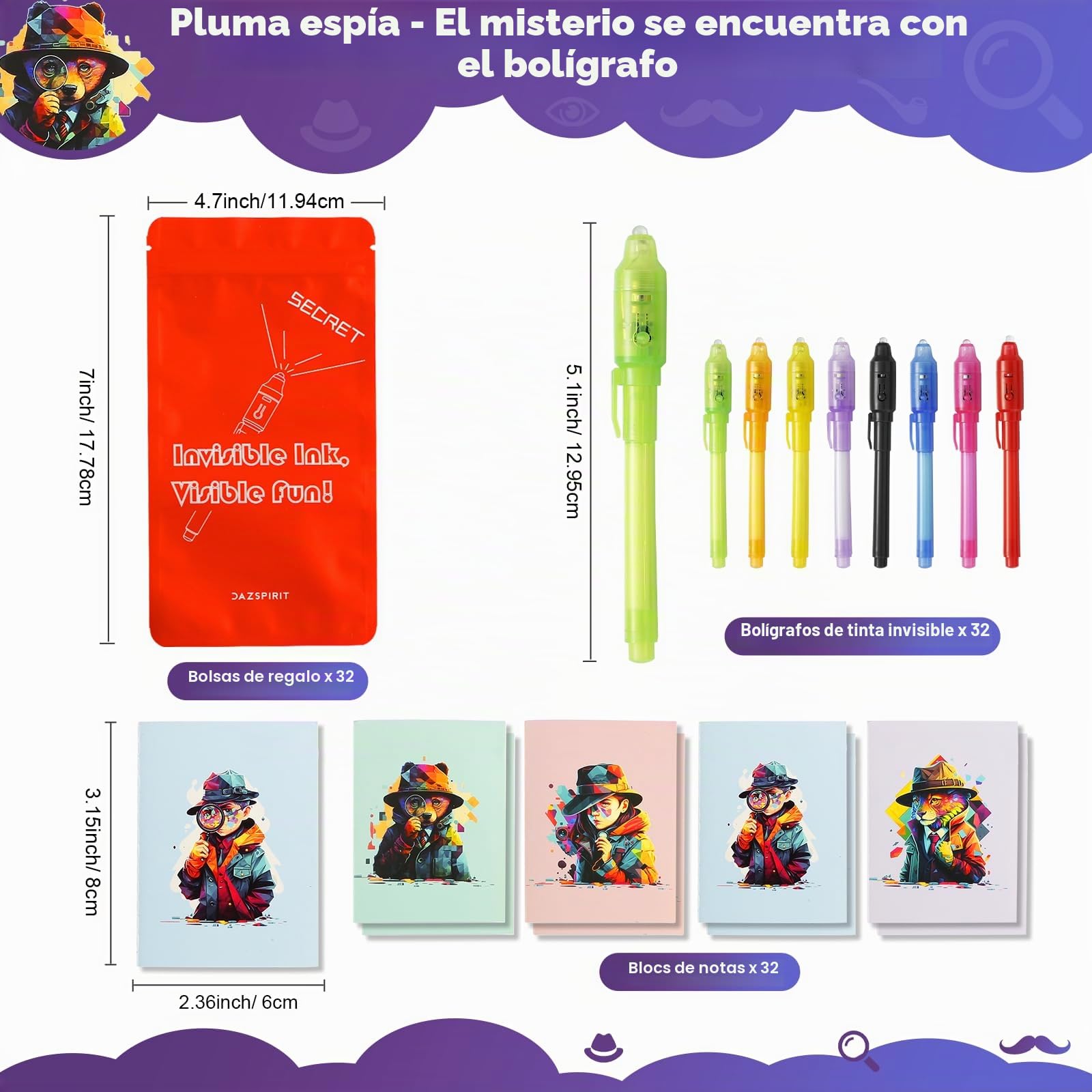 DazSpirit 32pcs Bolígrafo Tinta Invisible y Libreta, Tema de Detectives Boli Magico Regalos Cumpleaños Niños, Boli Tinta Invisible para Escribir mensajes secretos, Piñatas de Cumpleaños (DB0002)