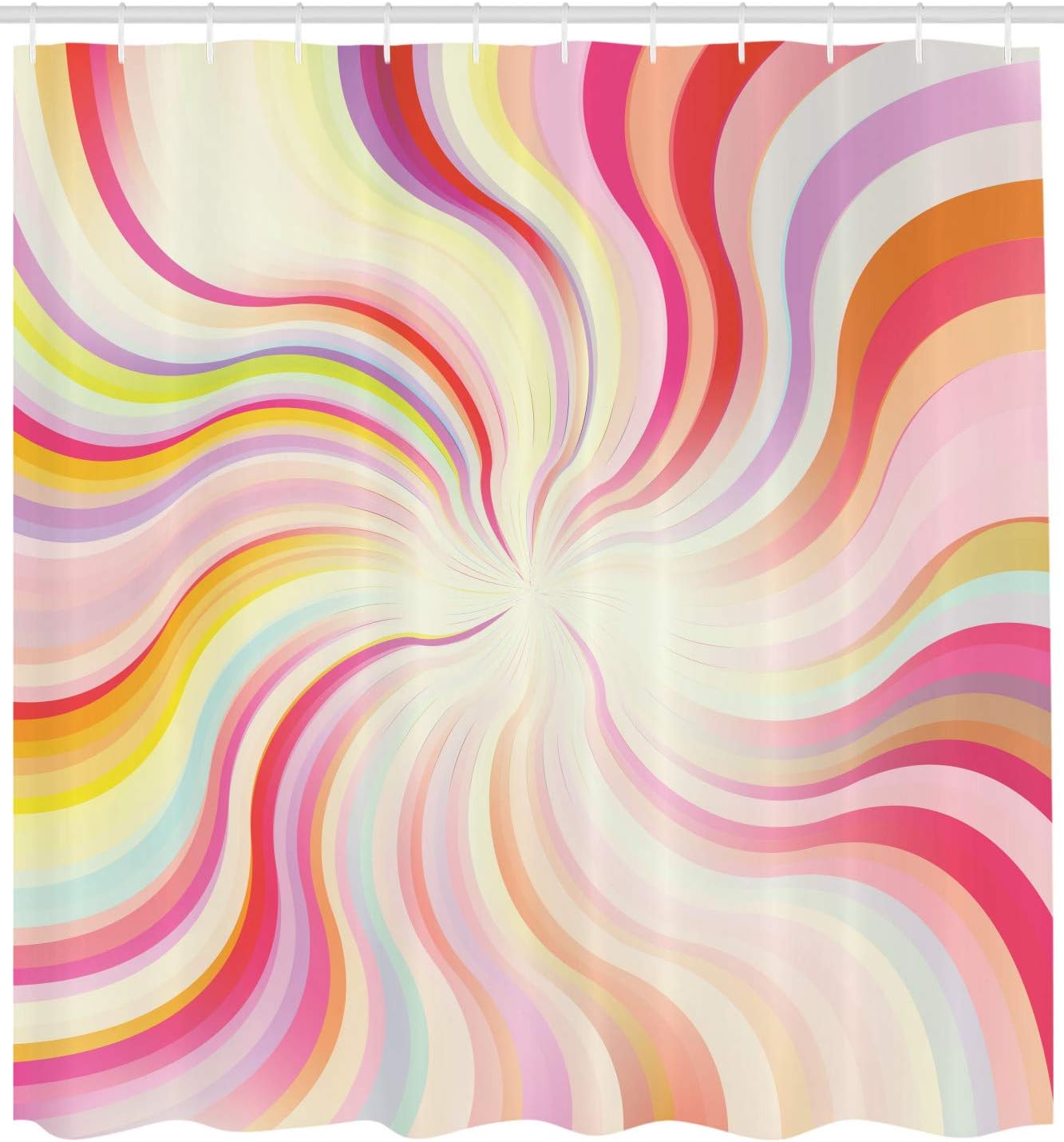 Ambesonne Pastel Shower Curtain, Abstract Sunburst Design Wavy Lines Sixties Seventies Style Psychedelic Retro Rays, Cloth Fabric Bathroom Decor Set with Hooks, 69" W x 70" L, Pink Lilac Salmon