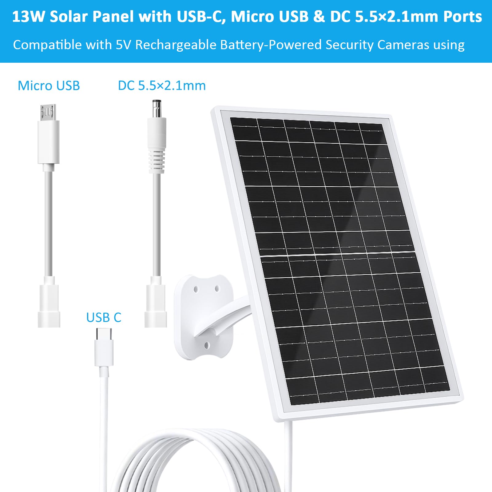 FUTUREZEN Panel solar de 13 W para cámaras de seguridad y cámaras de sendero, USB-C, micro USB y salida CC de 5,5 x 2,1 mm, impermeable IP66, montaje ajustable de 360°, cable de 7.2 pies